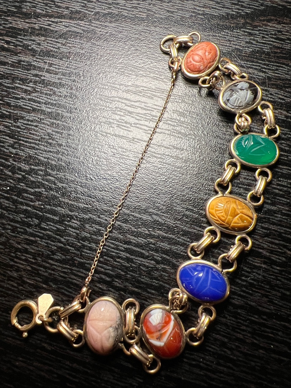 Vintage Amco Signed 12k Gold Filled Multi Gemstone Carved Scarab Bracelet - Picture 14 of 15